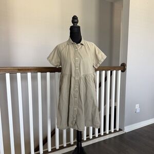 Pact 100% Organic Cotton Chambray Button Down Shirt Dress Green Small Cottage